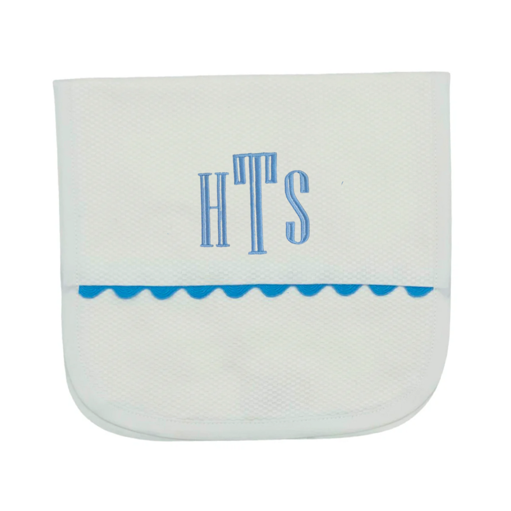 White Cotton Pique Burp Cloth with Blue Scallop